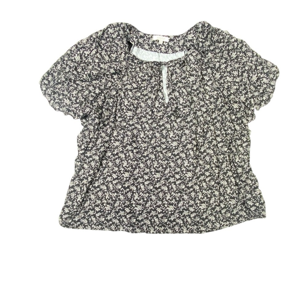 Angels Boho Floral Blouse Women's XL Black White Short Flutter Sleeve Flowy Top